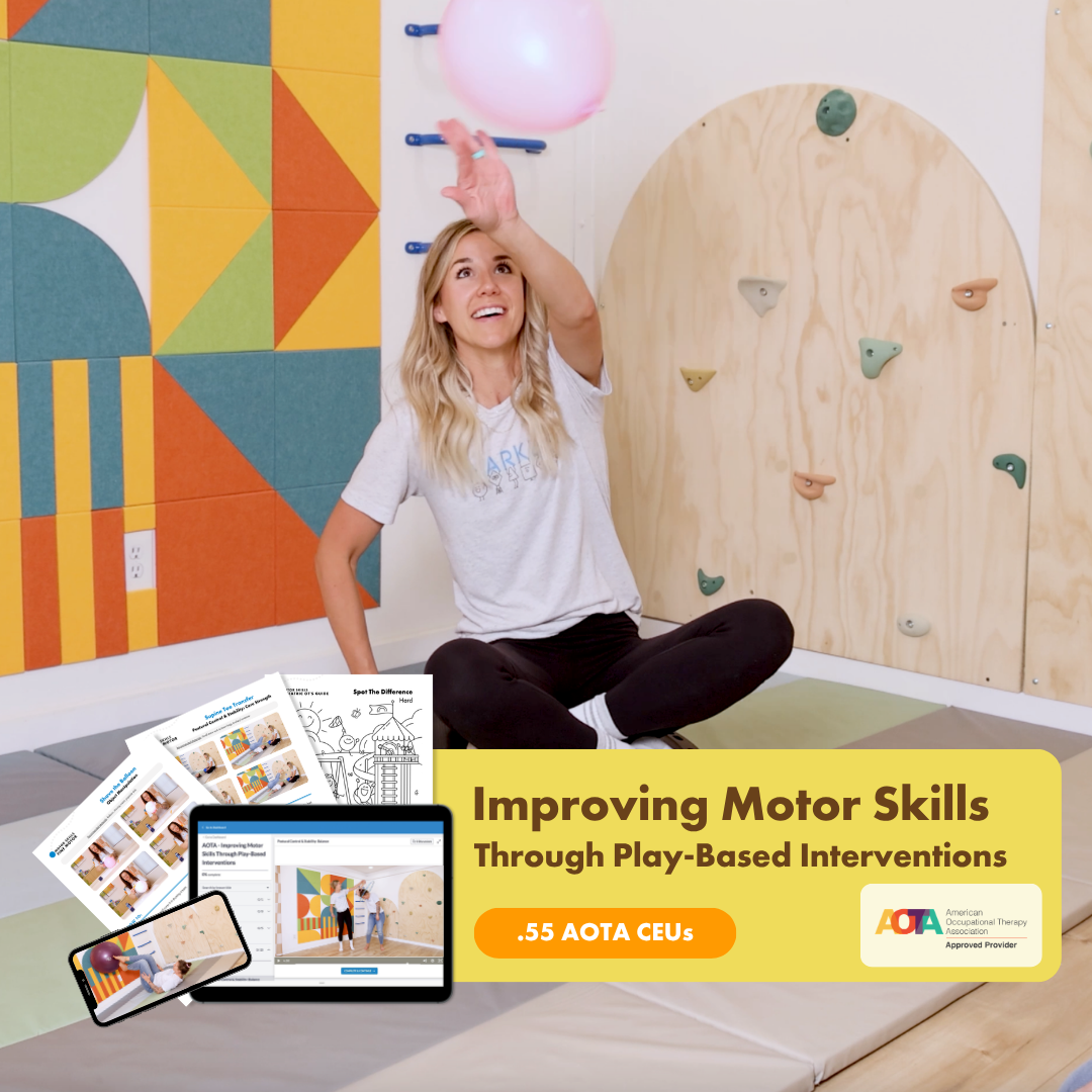A woman sits in a playroom hitting a pink balloon, with an overlay advertising a course on motor skills.