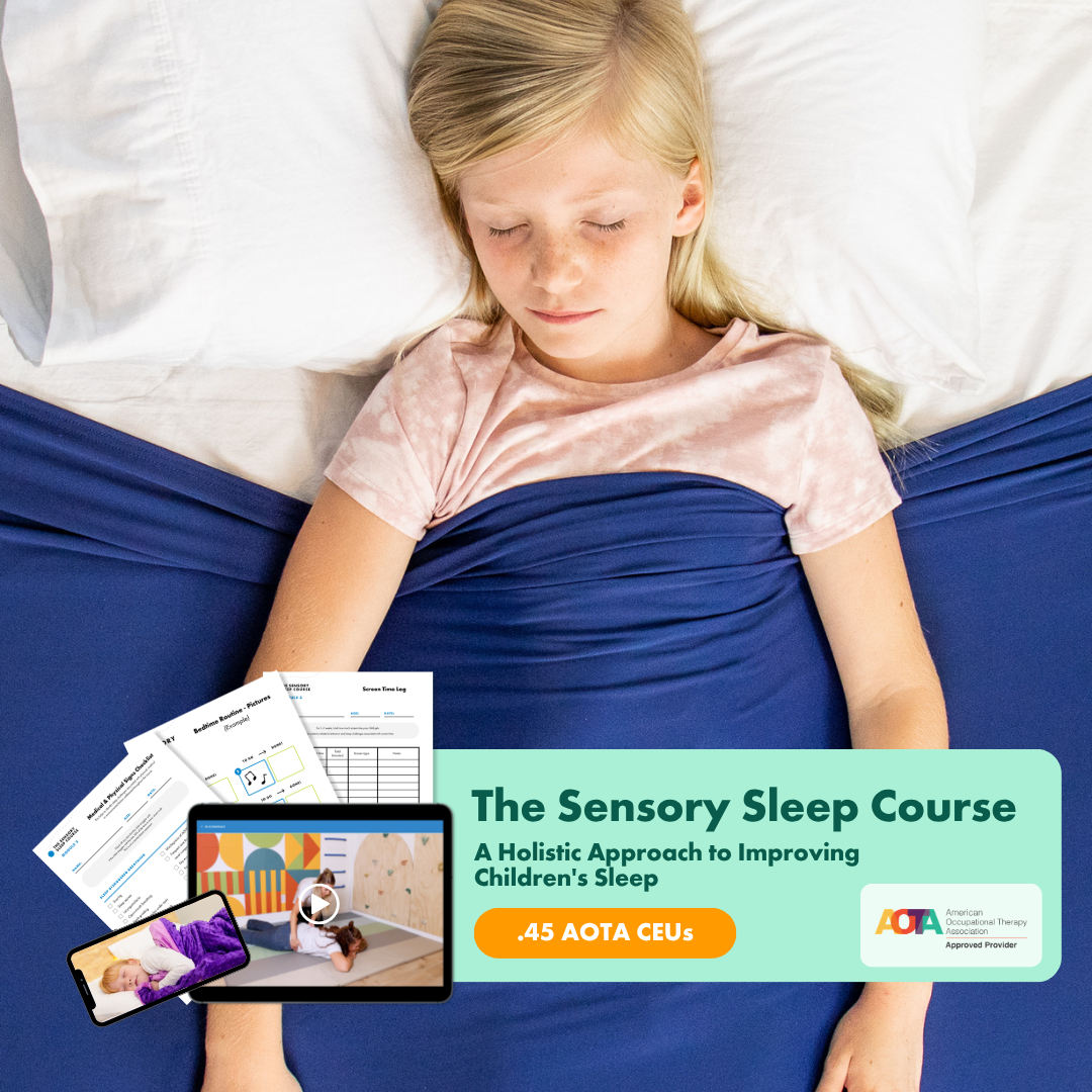 A young girl sleeping, with an overlay advertising 'The Sensory Sleep Course' showing course materials on various devices.