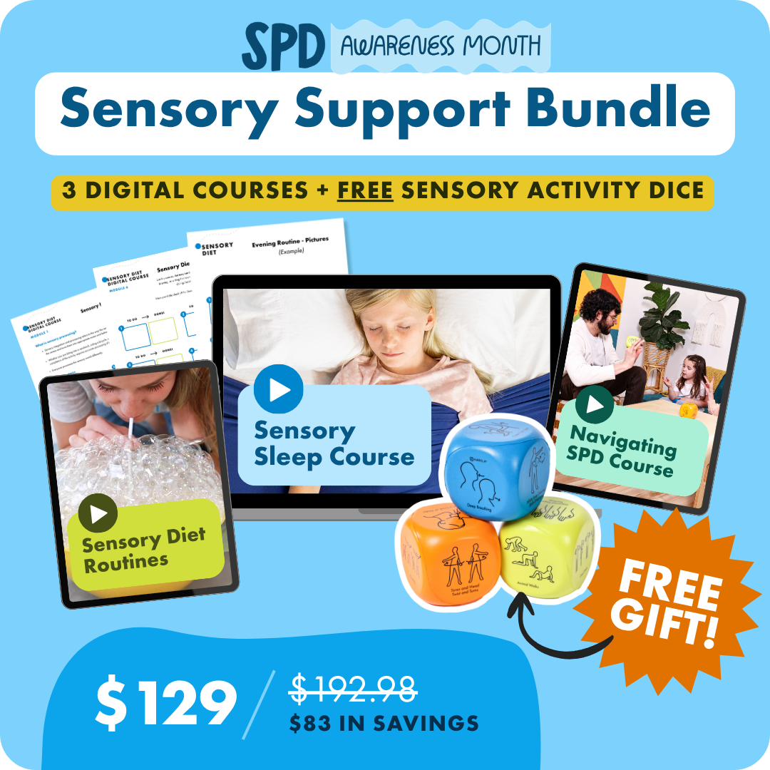 An advertisement for a Sensory Support Bundle, including digital courses, worksheets, and sensory activity dice.