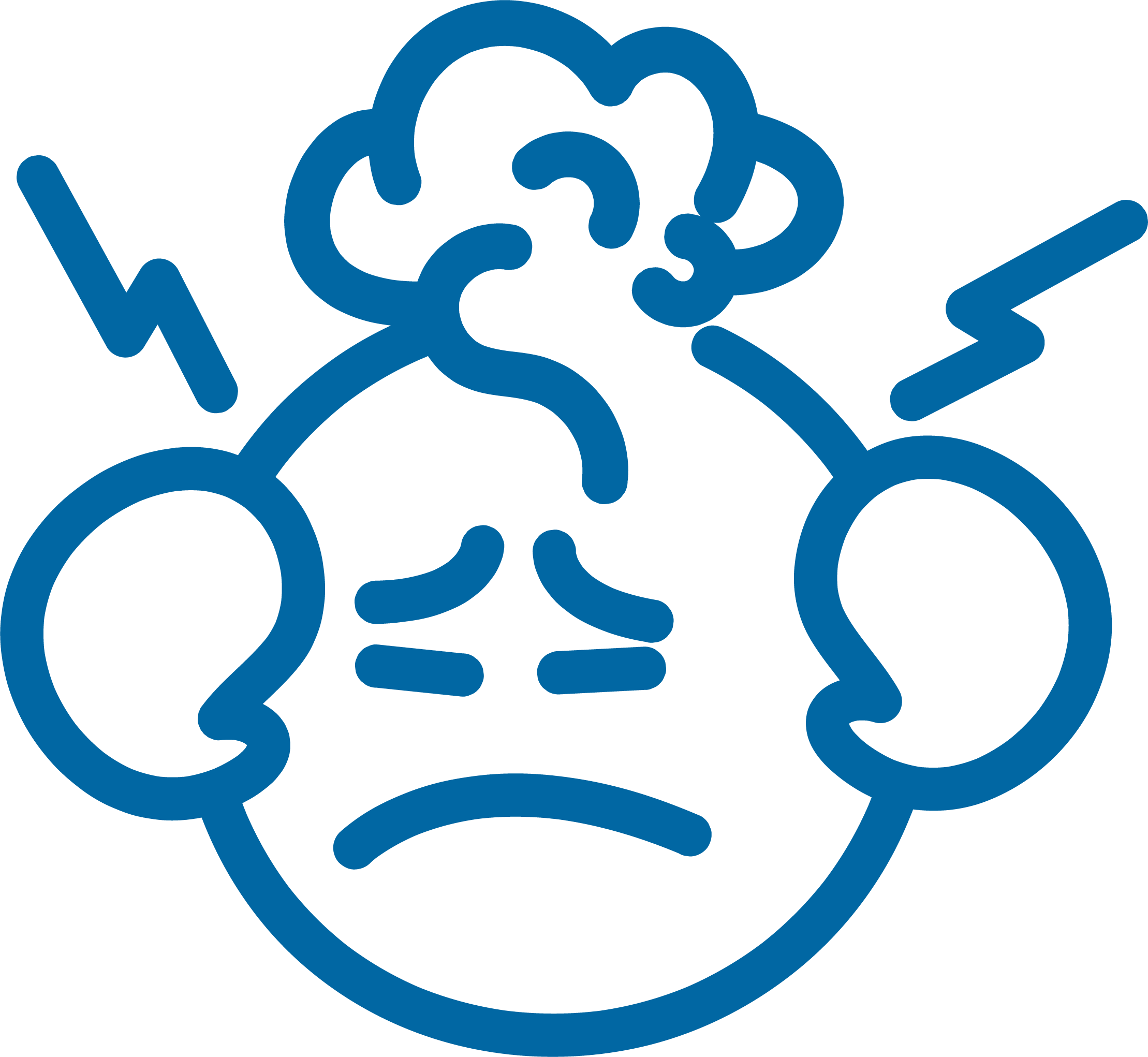 A blue line icon of a stressed-out face holding its head with steam coming from the top.