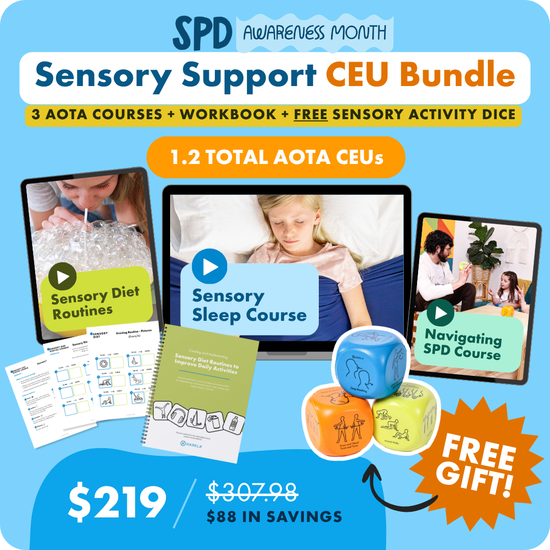 Promotional graphic for a Sensory Support CEU Bundle, including courses, a workbook, and sensory activity dice.