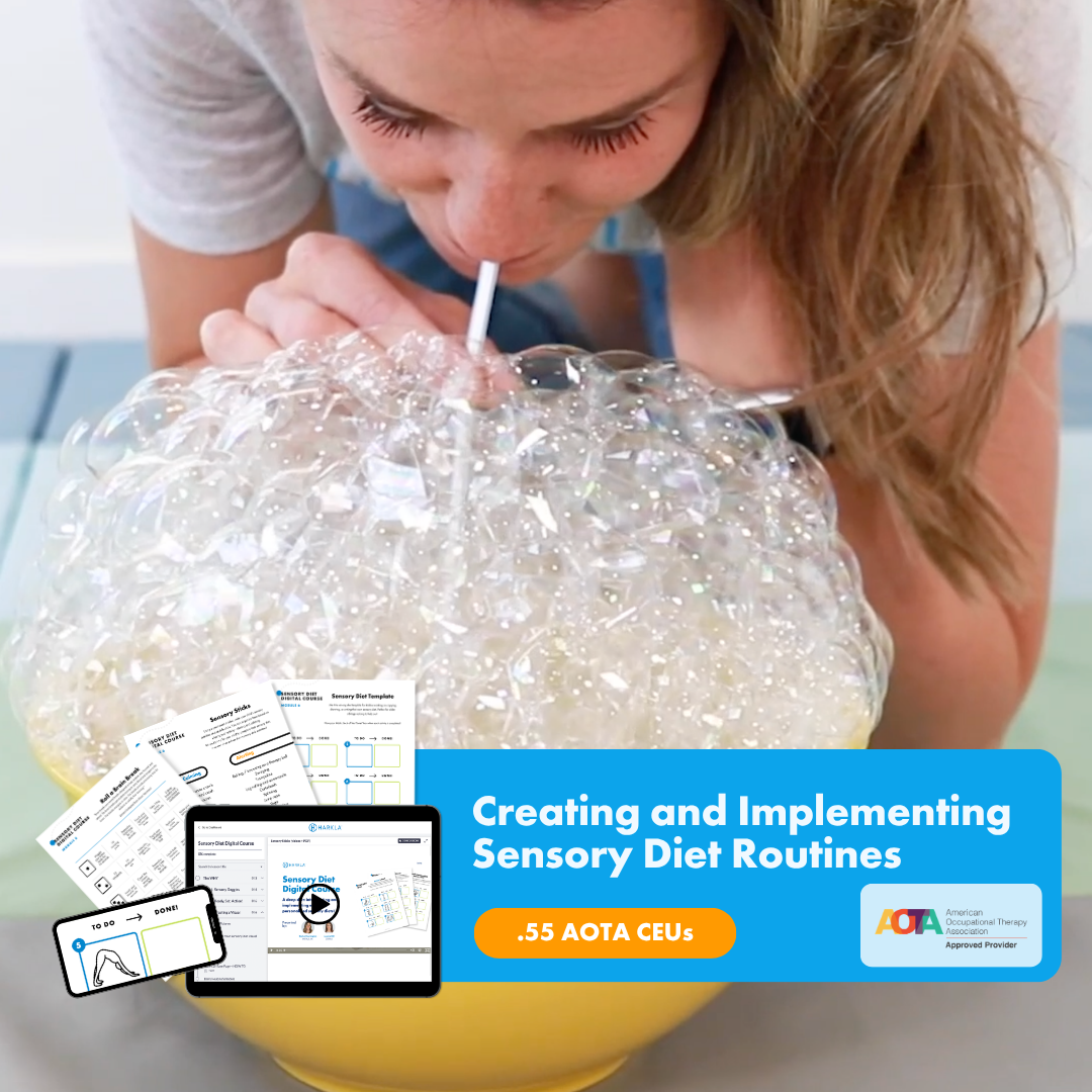 A woman blows bubbles into a yellow bowl with a straw, promoting a course on sensory diet routines.