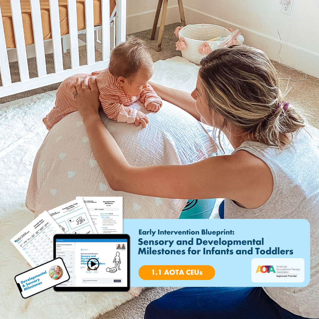A woman assists a baby doing tummy time on a large pillow in a nursery.