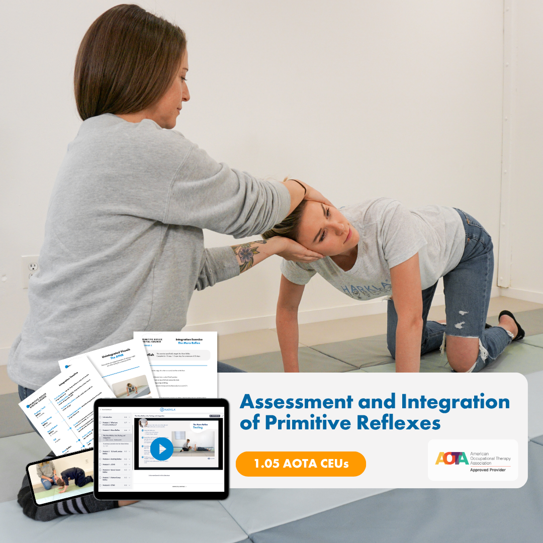 A therapist assists a woman with a neck exercise on a mat, advertising a course on primitive reflexes.