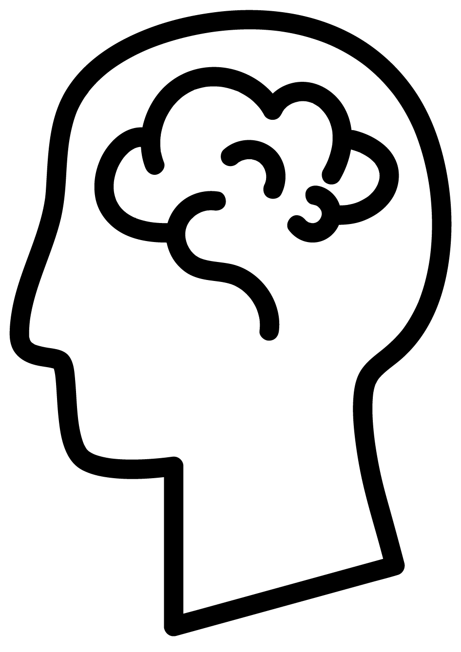 A simple black line drawing of a human head in profile with a brain inside.