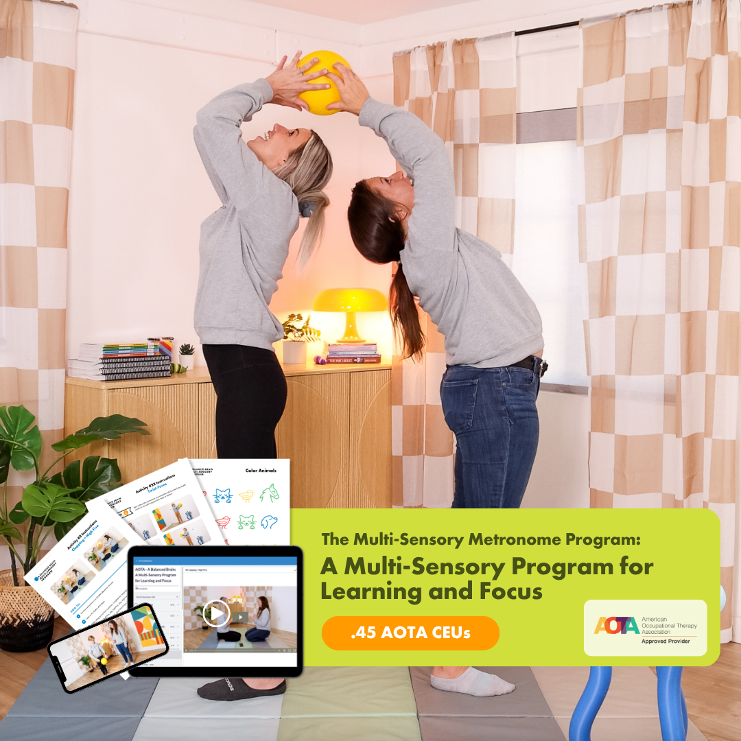 Two women stretch with a yellow ball, with program materials for a multi-sensory program displayed in the foreground.