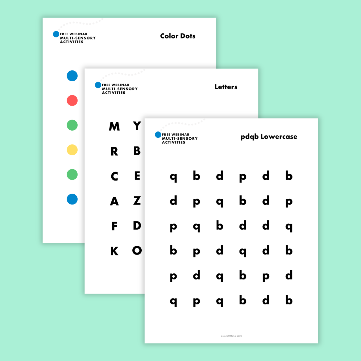 Three educational worksheets for multi-sensory activities focusing on colors and letters, displayed on a green background.