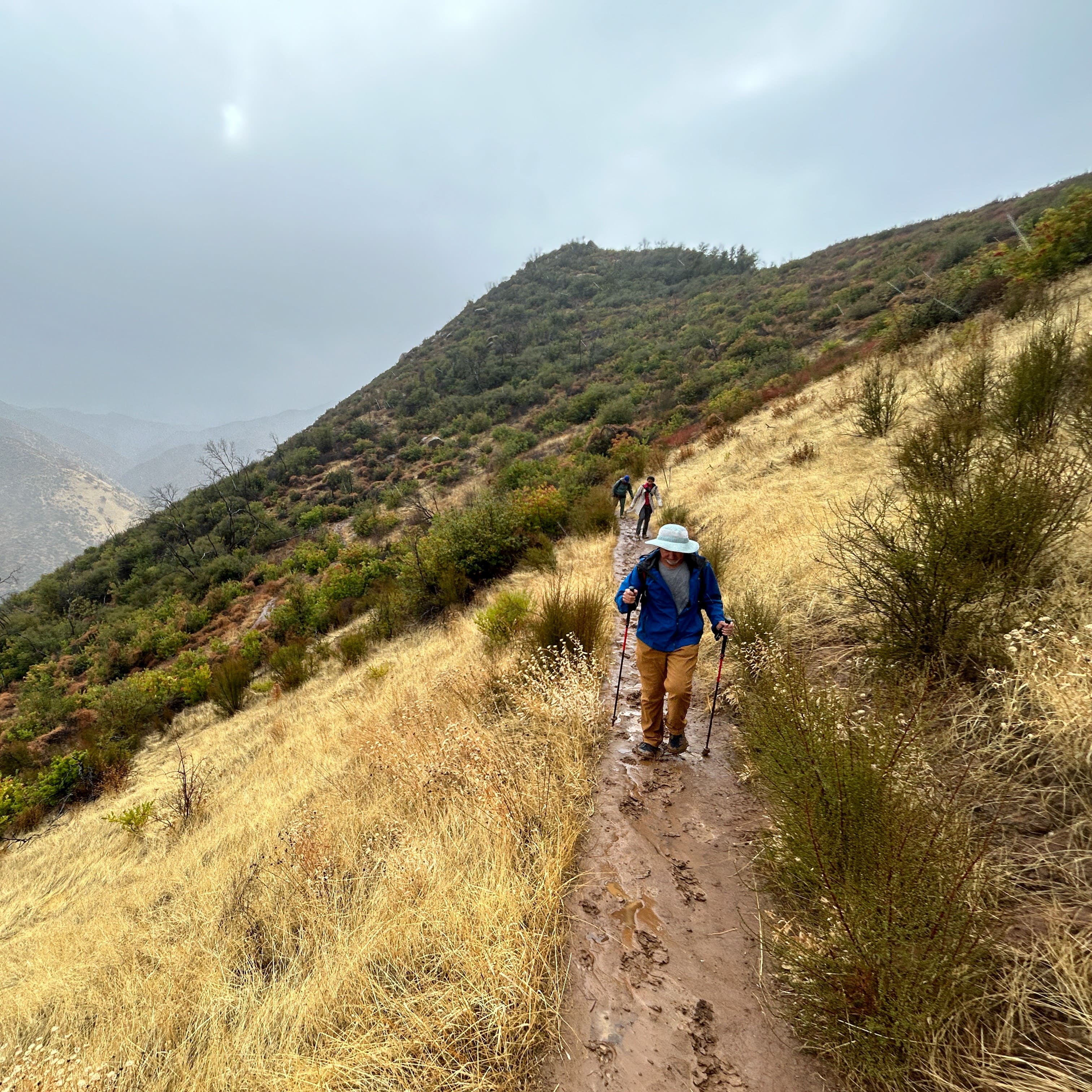 A group of people hike along a narrow dirt trail on a grassy hillside, surrounded by shrubs and mountains under an overcast sky.