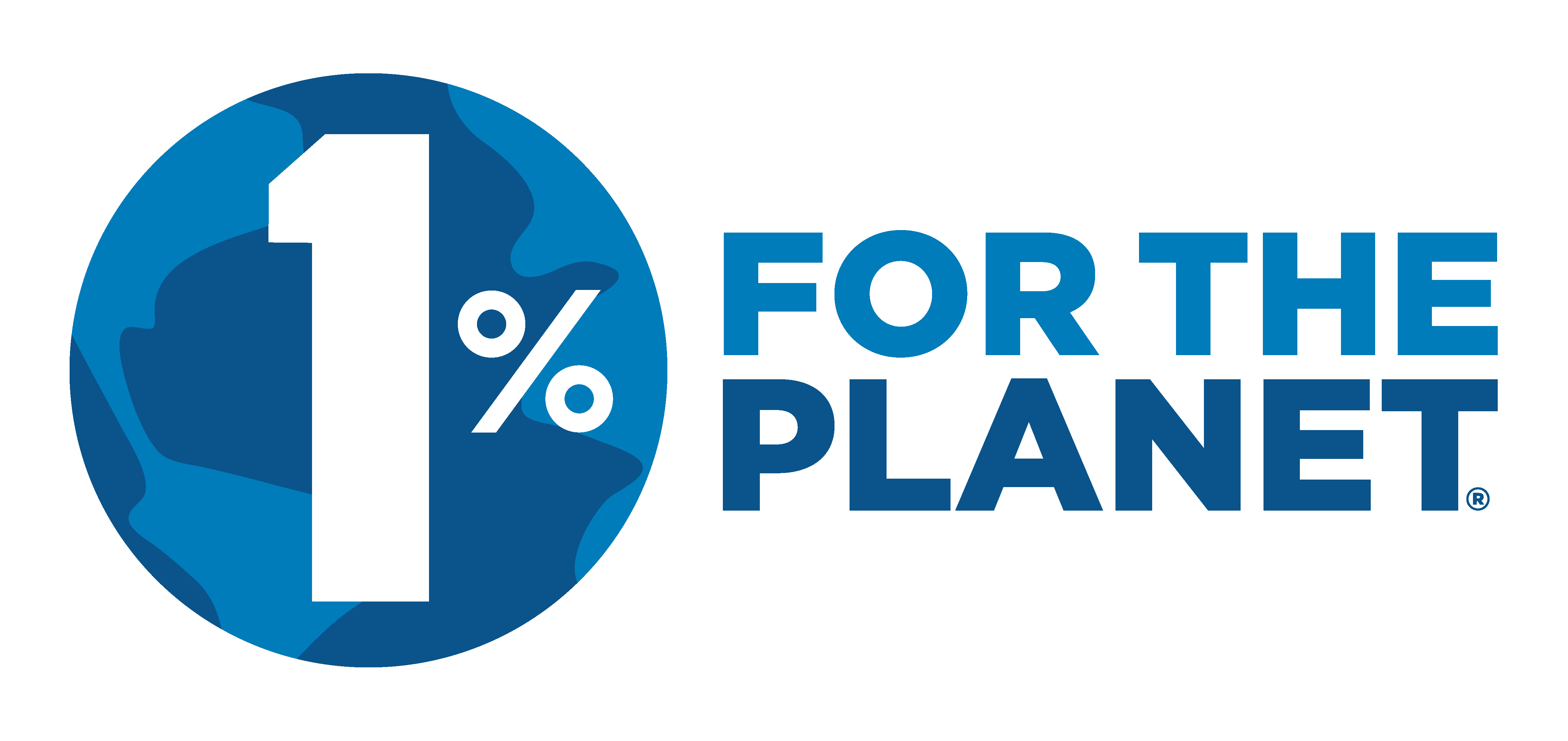 Blue and white '1% for the Planet' logo with globe illustration.