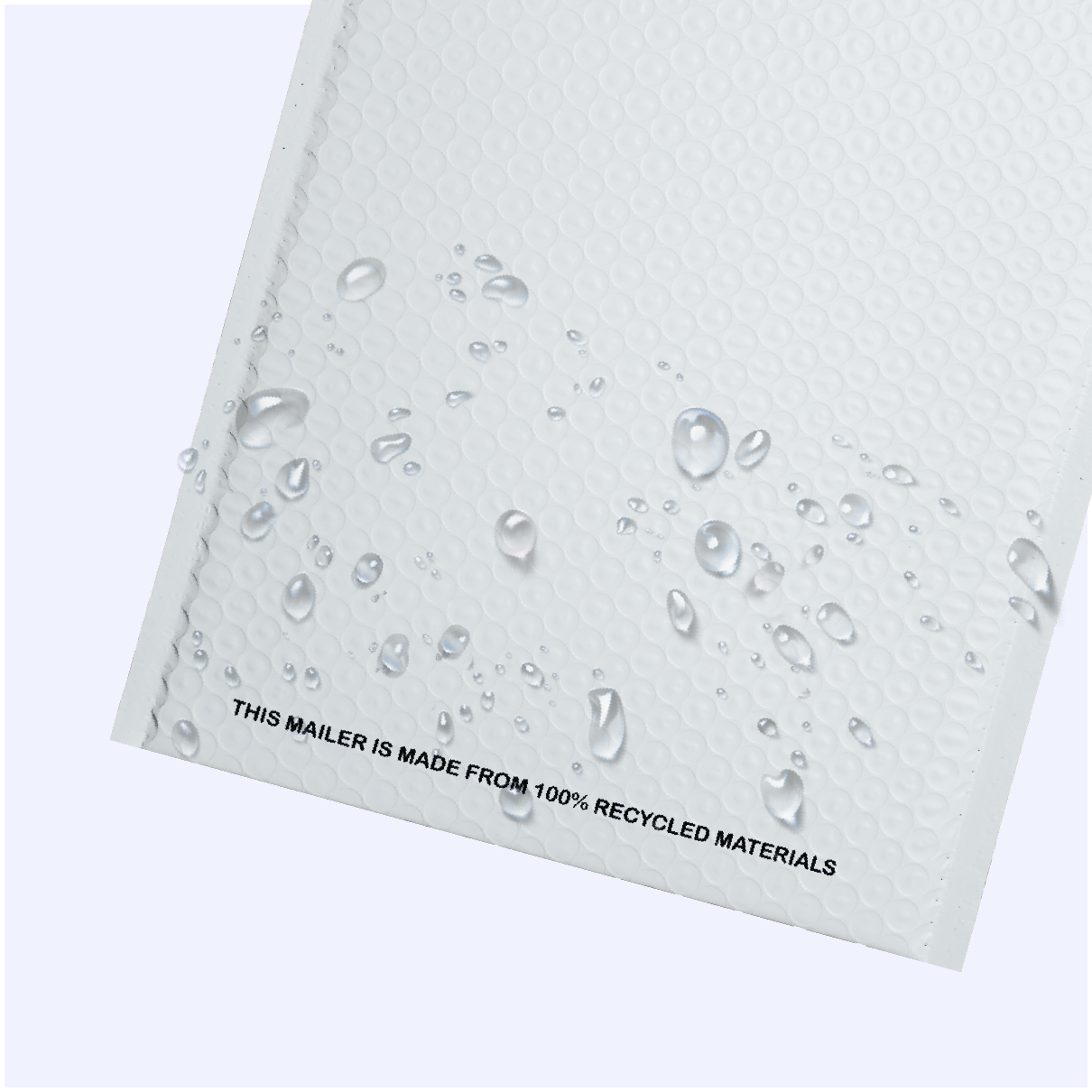 A close-up of a white, waterproof padded mailer made from recycled materials, with water droplets on its surface.