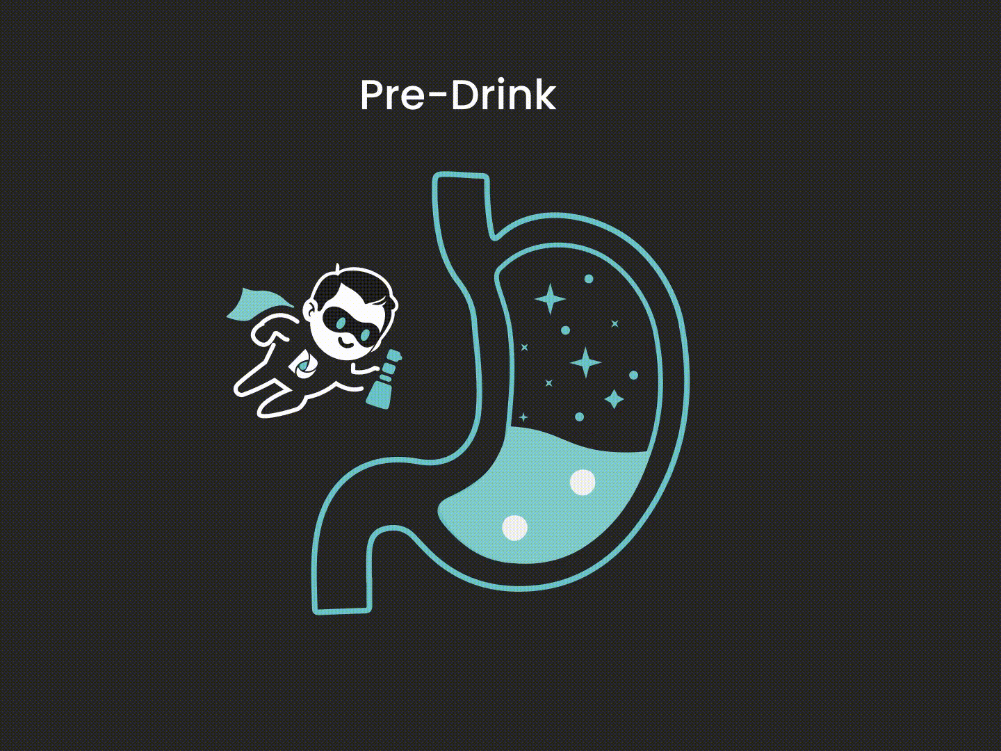 Cartoon hero with drink beside stylized stomach illustration labeled 'Pre-Drink'.