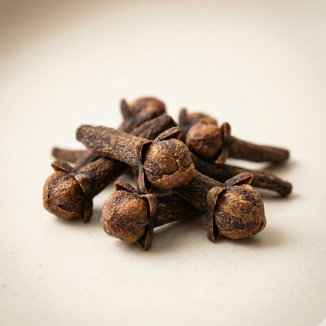 A close-up photograph of a small pile of dried cloves on a light-colored surface.