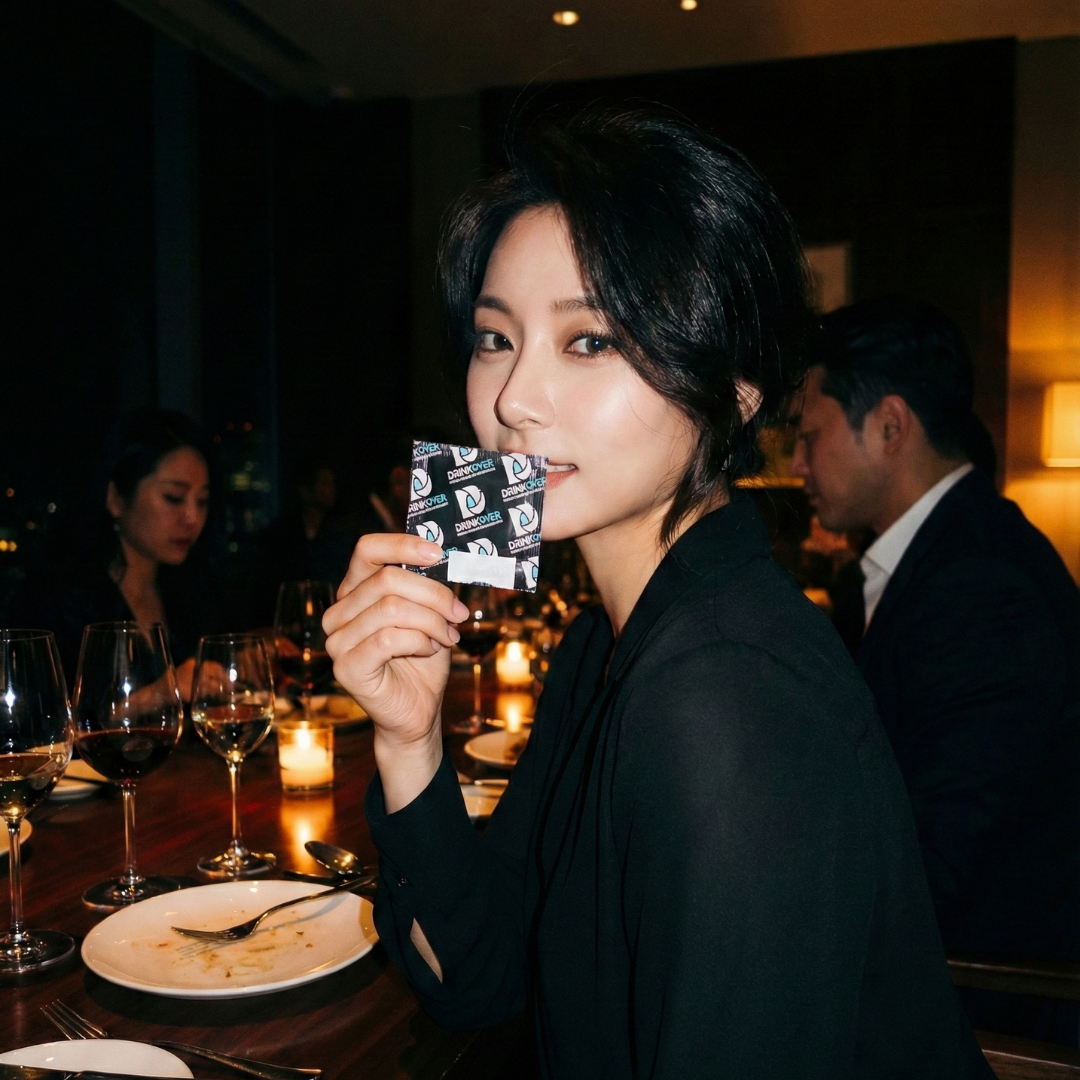 A woman at a candlelit dinner table holds a small Drinkcover packet up to her lips.