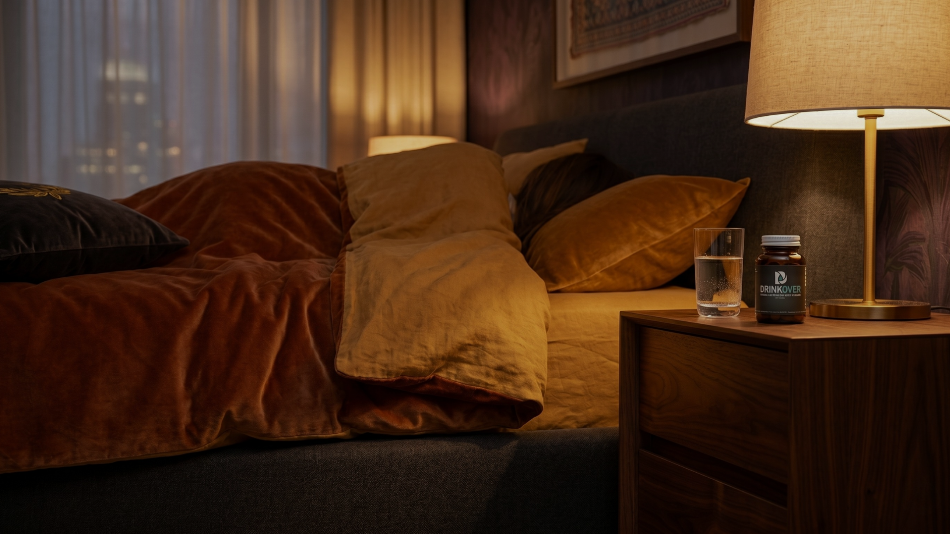 A person in bed with a bottle of supplements and a glass of water on the bedside table.