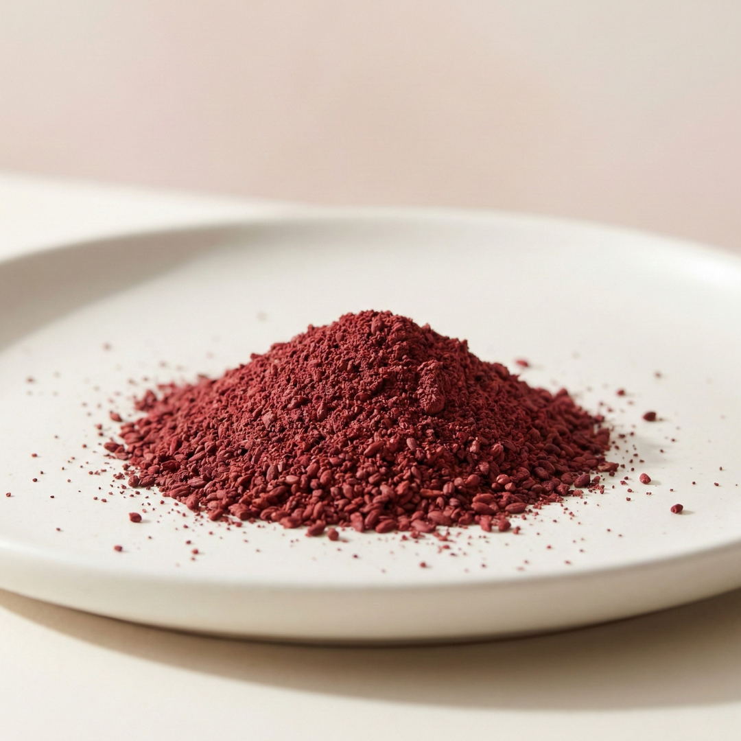 A small mound of coarse, reddish-brown powder sits on a white plate against a neutral background.