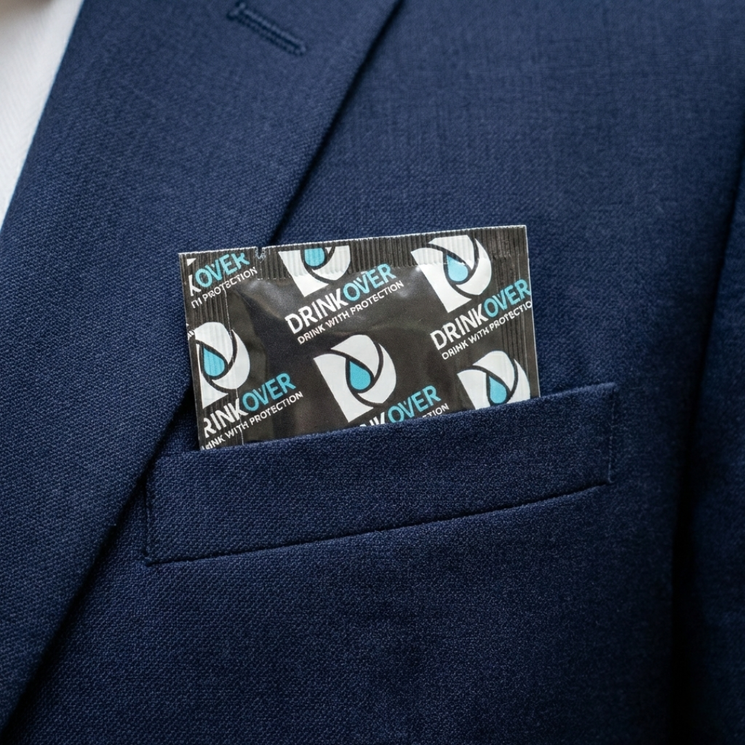 Several packets of 'Drinkover' sit in the breast pocket of a dark blue suit jacket.