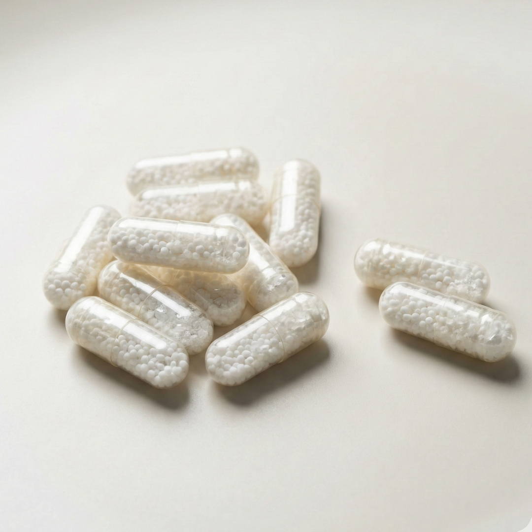A pile of clear capsules filled with small white pellets on a plain, light-colored surface.