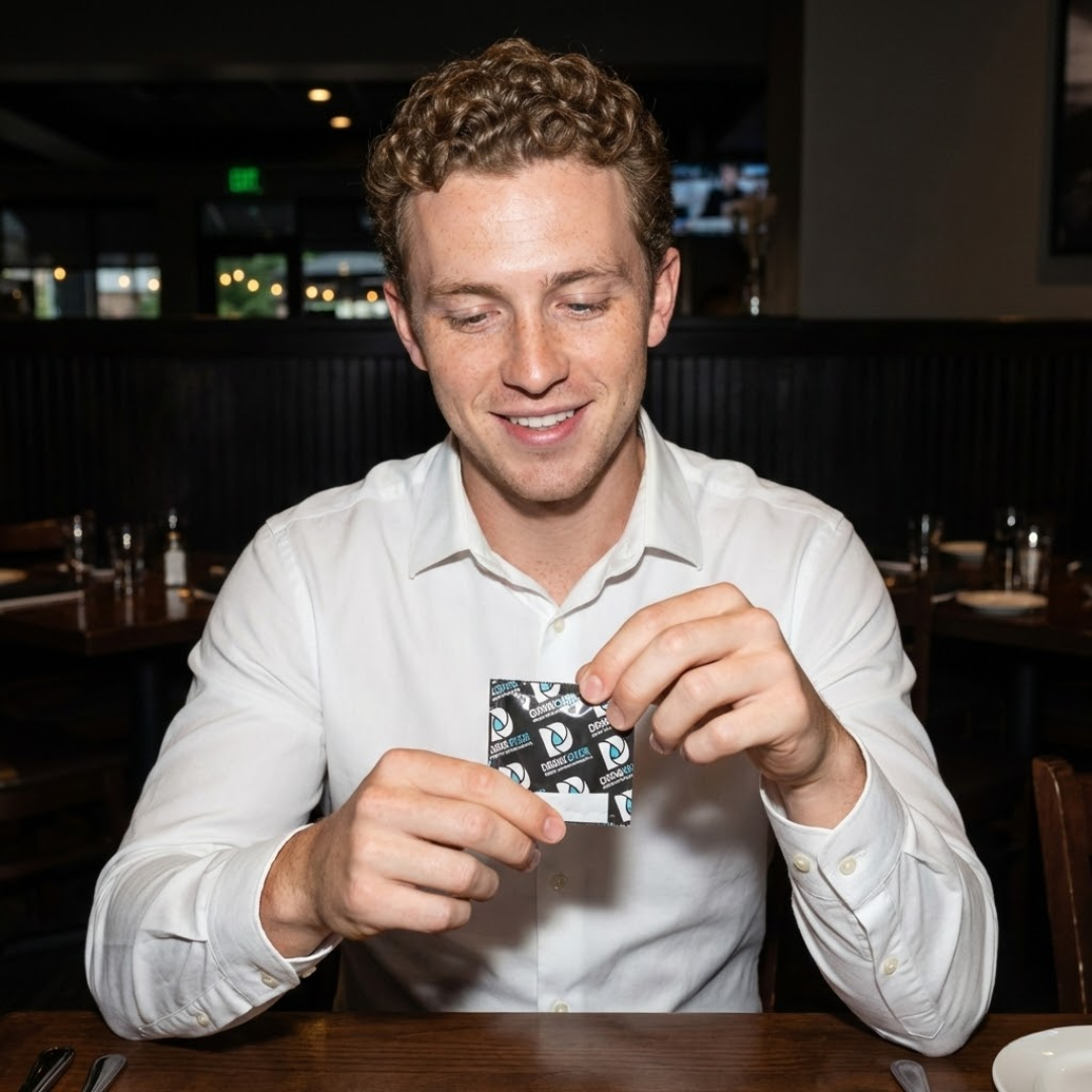 A smiling man in a white shirt sits at a restaurant table, holding a small, branded foil packet.