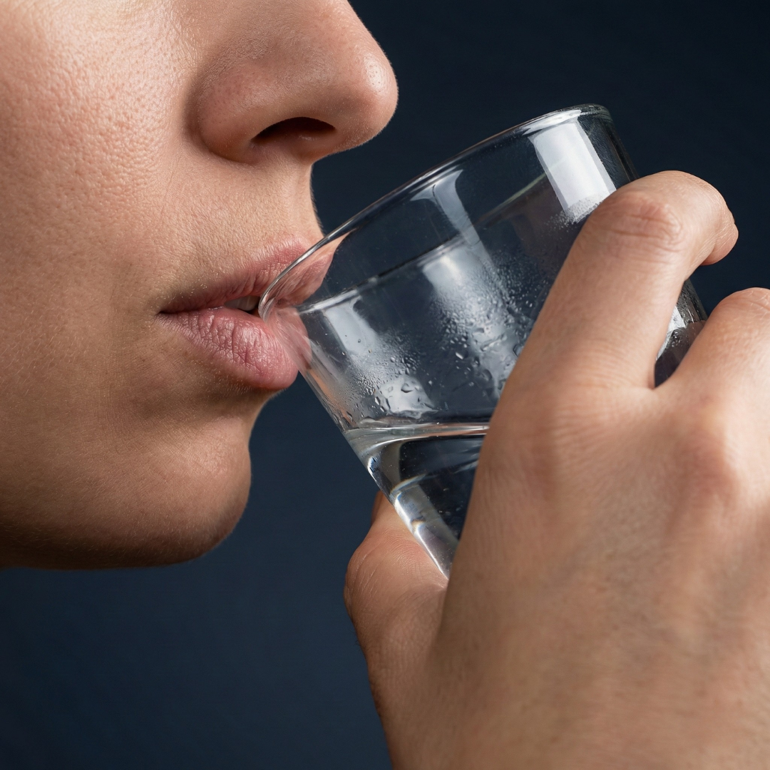 A close-up of a person's face as they drink water from a clear glass.