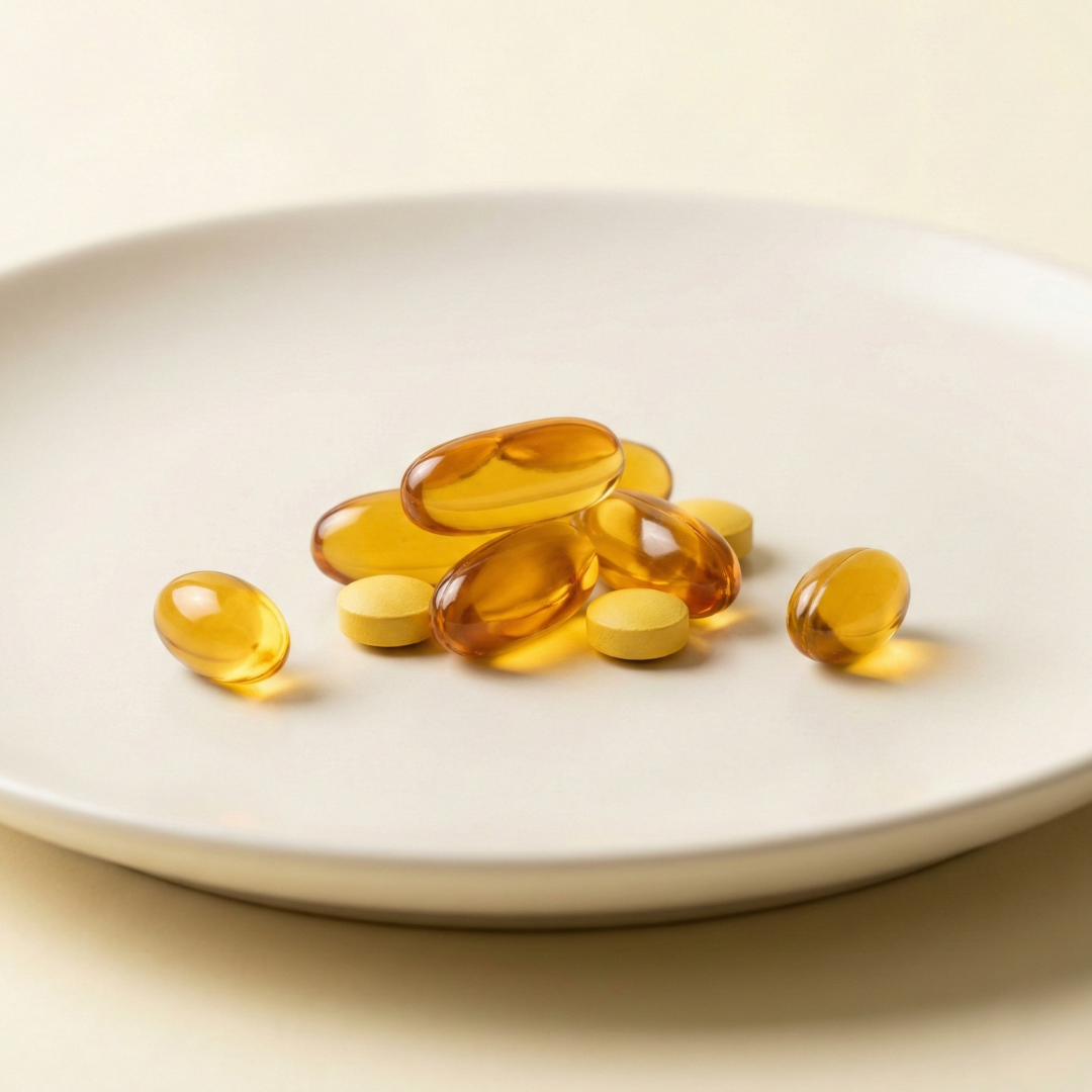 A small pile of golden softgel capsules and yellow tablets on a white plate against a light background.
