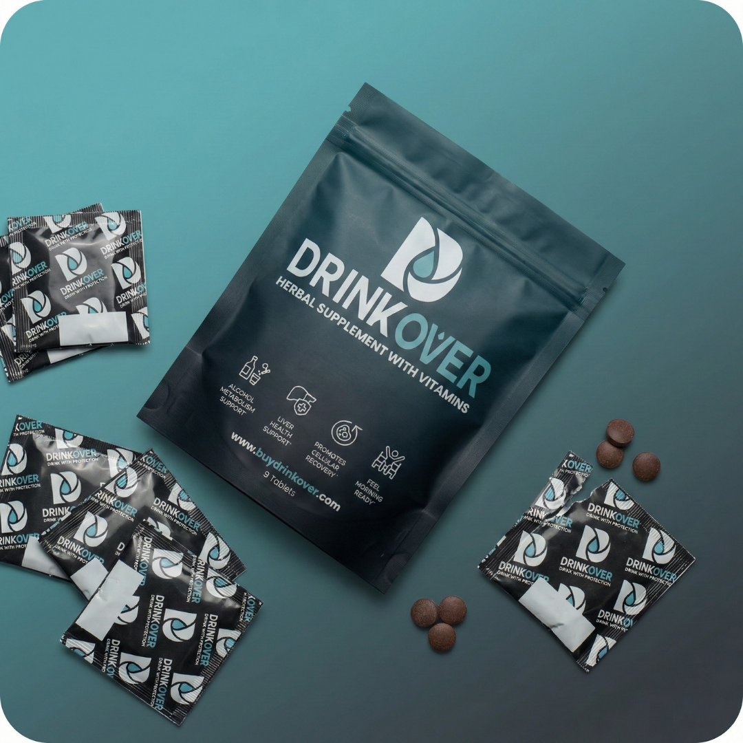 A pouch of Drinkover herbal supplement with vitamins, surrounded by single-serving packets and brown tablets.