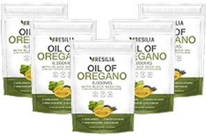 Five packets of Resilia Oil of Oregano displayed.
