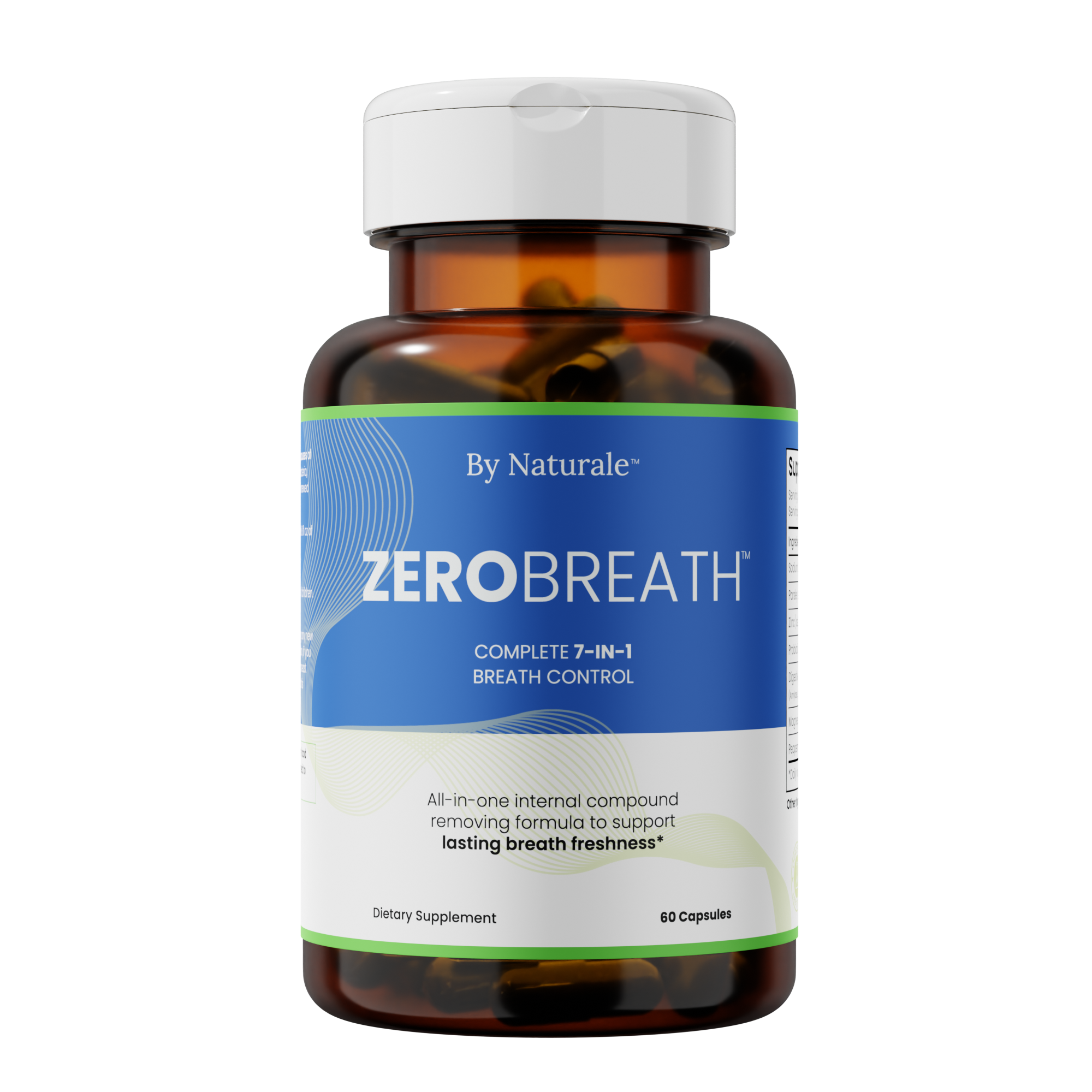 Brown bottle labeled 'ZEROBREATH' dietary supplement with white cap.