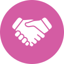 A white icon of a handshake inside a pink circle.