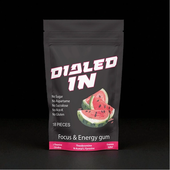 Package of 'Dialed In' focus and energy gum with watermelon graphics.