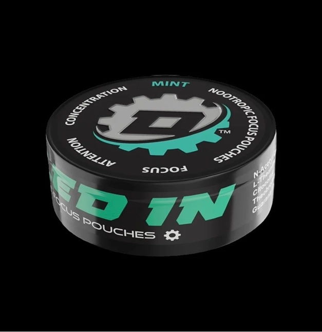 Round container labeled 'Mint Nootropic Focus Pouches' with gear logo.