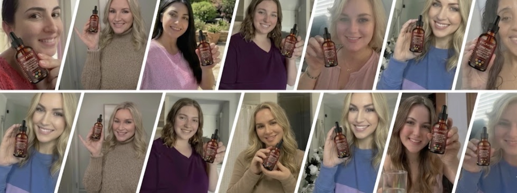 Collage of people holding bottles with brown labels and droppers, smiling at the camera.