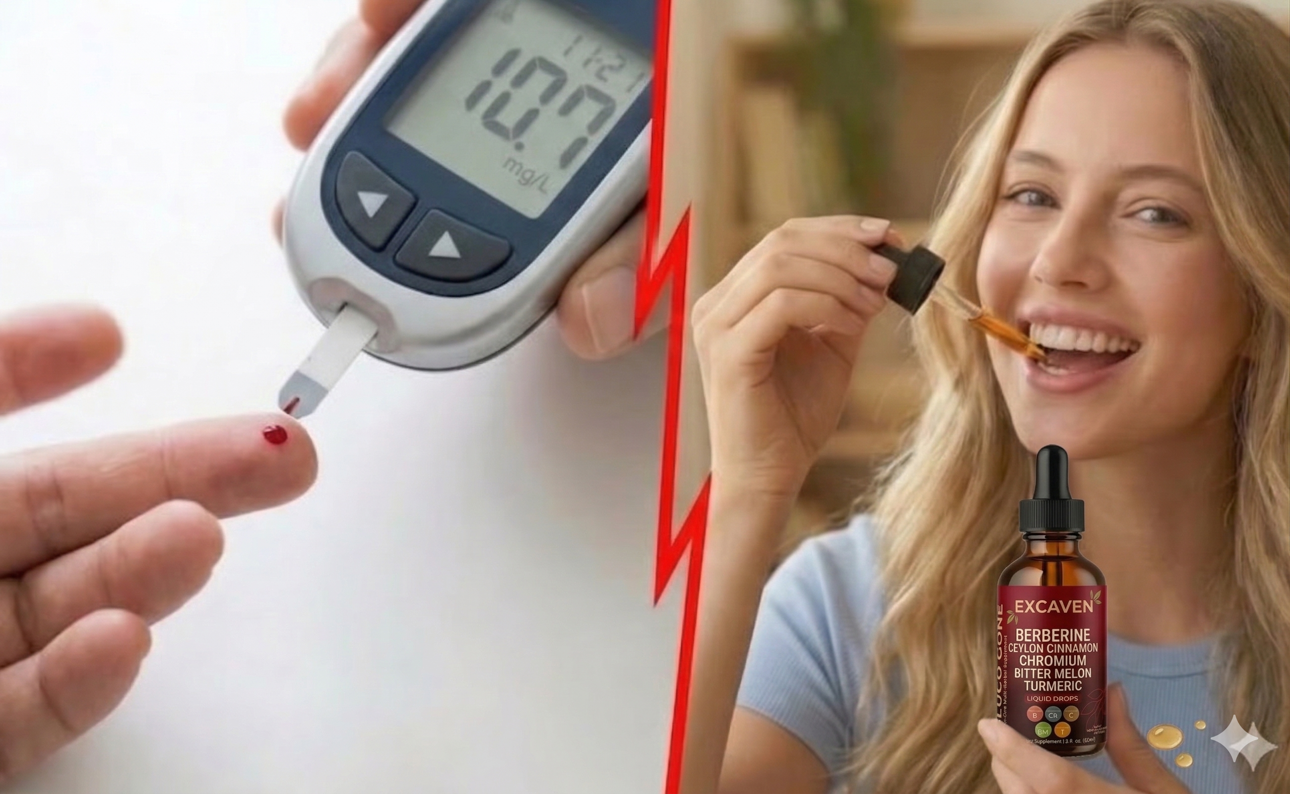 A split image showing a blood glucose test and a woman taking liquid supplement drops.