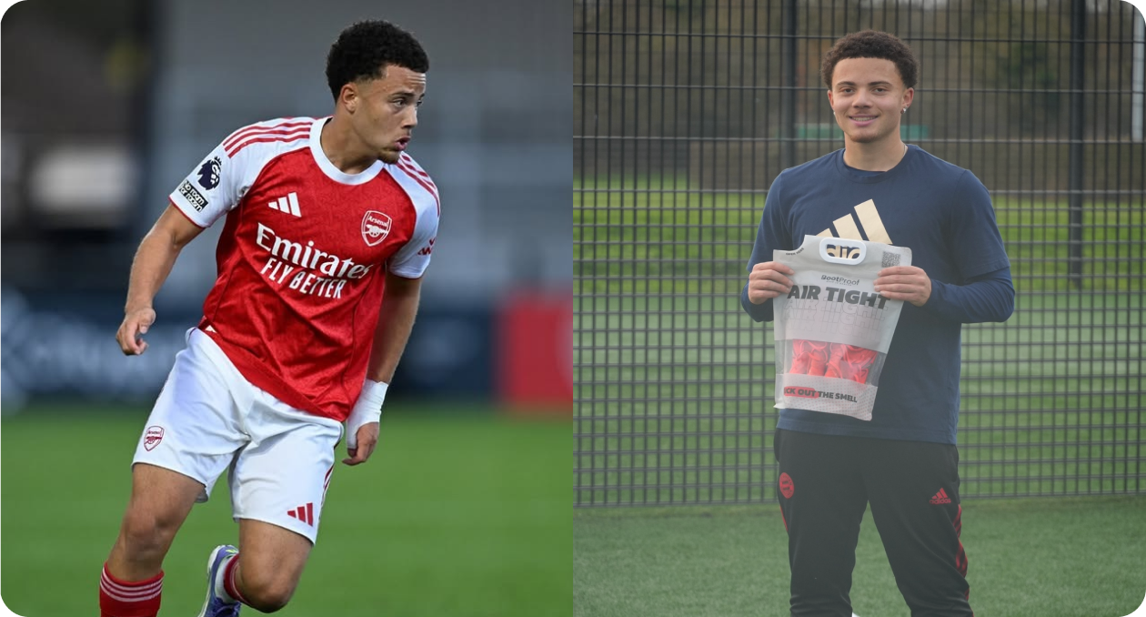 A split image of a young male footballer in an Arsenal kit and posing with a product.