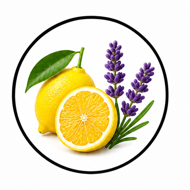 A whole lemon, a sliced lemon, and sprigs of lavender inside a black circular frame.