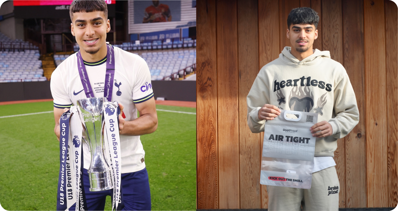 A side-by-side image of a young man holding a soccer trophy and then holding a product bag.