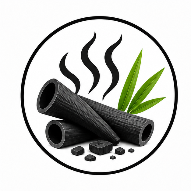 A circular icon showing charcoal sticks and cubes, rising steam, and green leaves on a white background.
