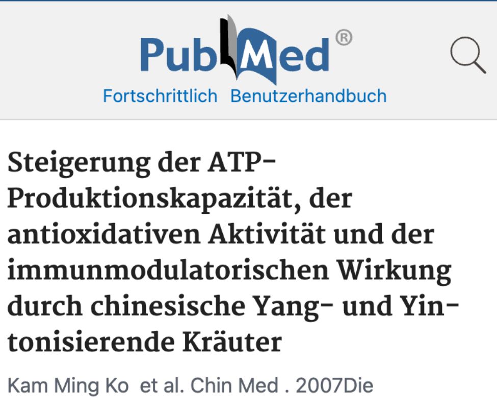 A screenshot of a PubMed article with a title in German about ATP production and Chinese herbs.
