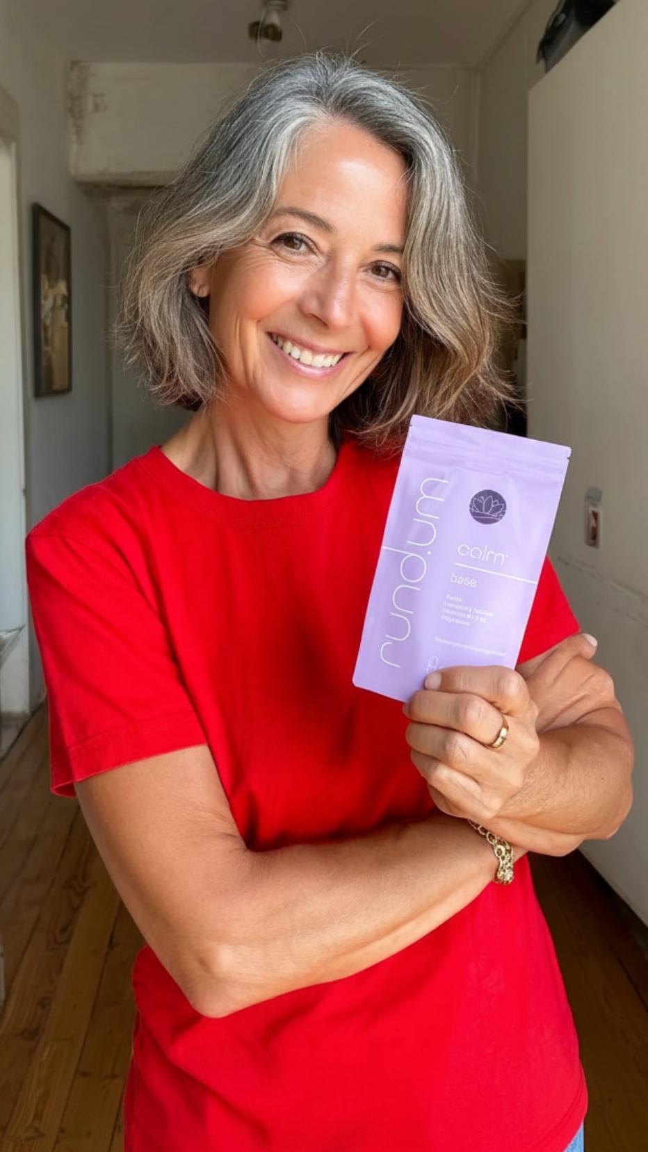 Woman in a red shirt holding a lavender product package, smiling.
