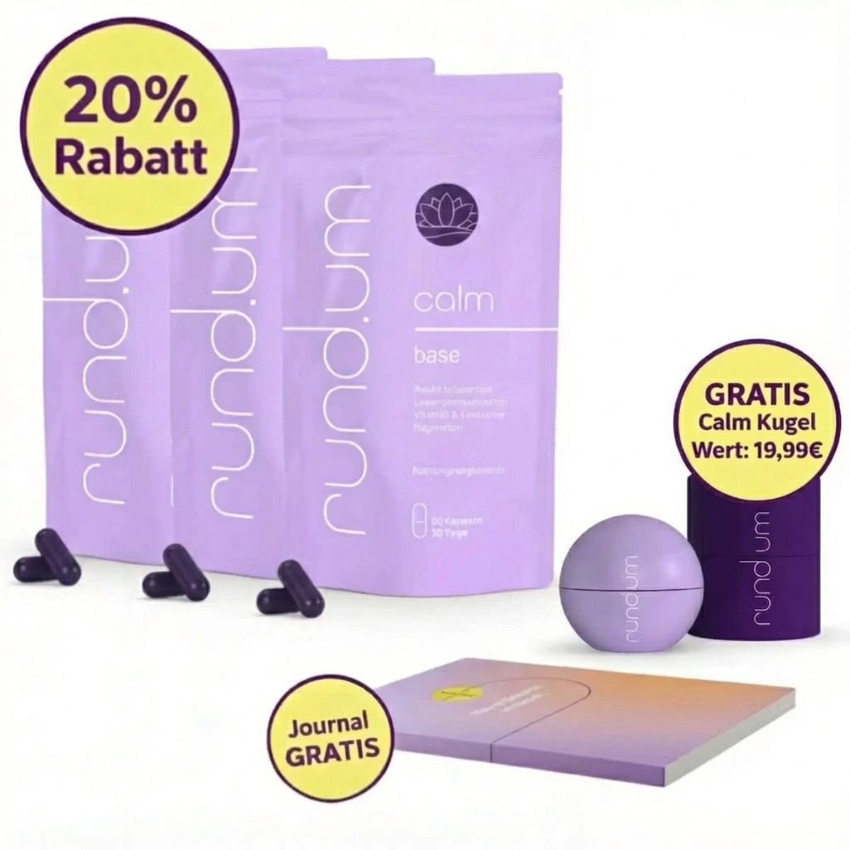 A promotional image for 'rundum calm' supplements, showing pouches, capsules, a spherical container, and a journal.