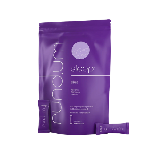 Purple supplement pouch with discount sticker and capsules.