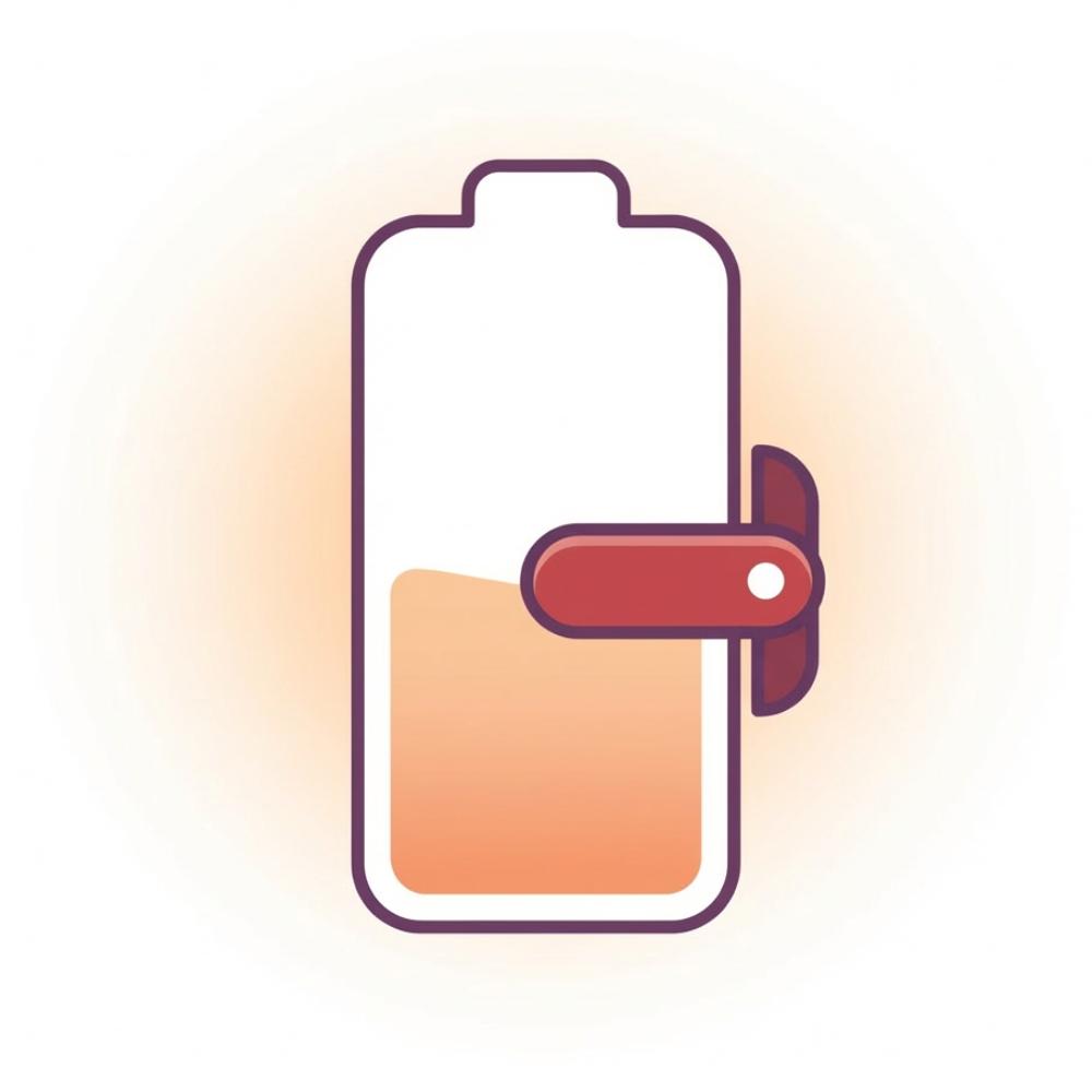 A stylized illustration of a partially full battery with a red clip on the side.
