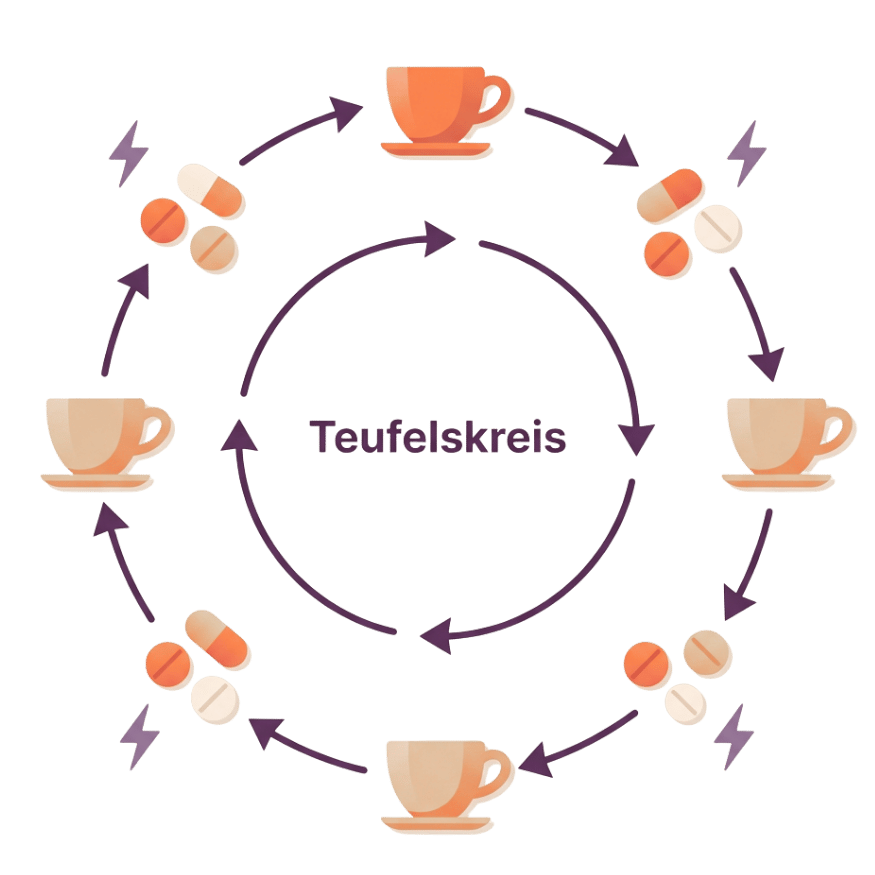 An infographic depicting a vicious circle, 'Teufelskreis', alternating between coffee cups and pills with lightning bolts.