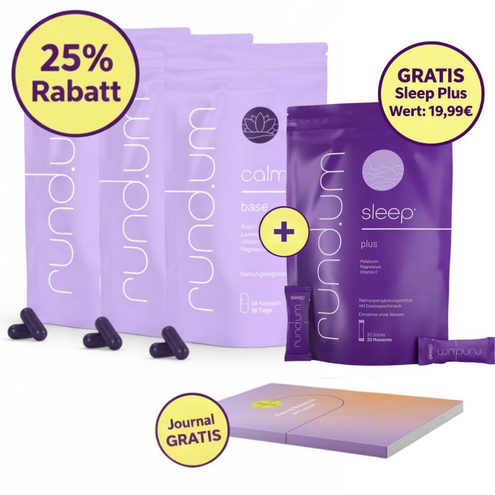 A promotional image for 'rundum calm' supplements, showing pouches, capsules, a spherical container, and a journal.