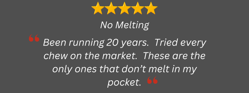A 5-star customer review titled 'No Melting' with a testimonial about chews that don't melt.