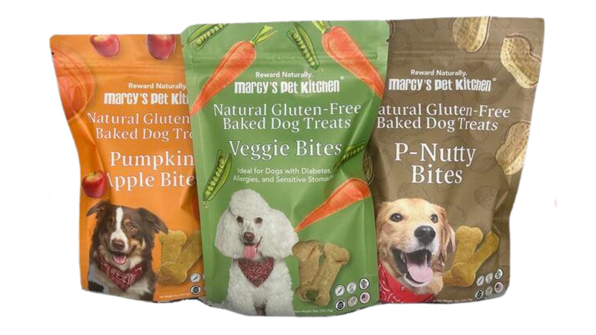 Three bags of gluten-free baked dog treats with images of smiling dogs.