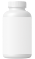 A white plastic pill bottle with a blank white label and a white screw-on cap.