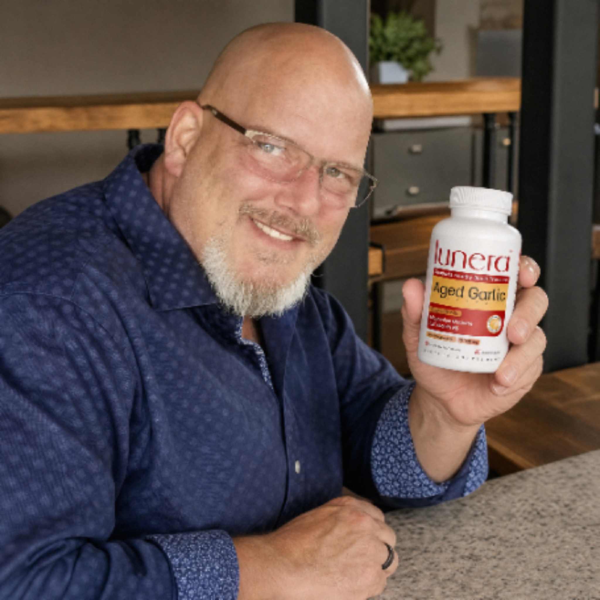 A smiling bald man with glasses and a goatee holds up a bottle of lunera Aged Garlic.