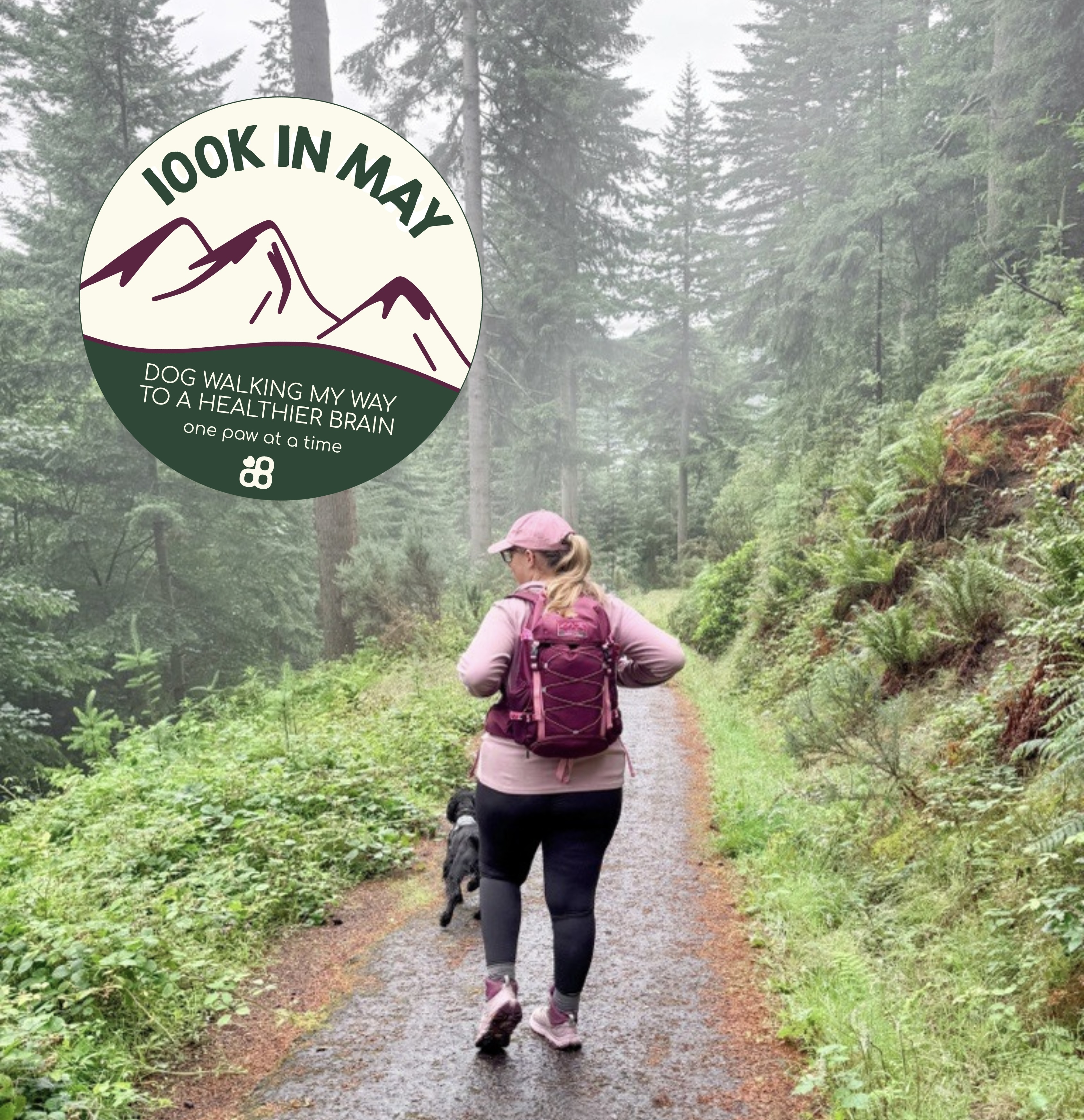 A woman and her dog walk away on a path through a foggy forest, with a graphic overlay.