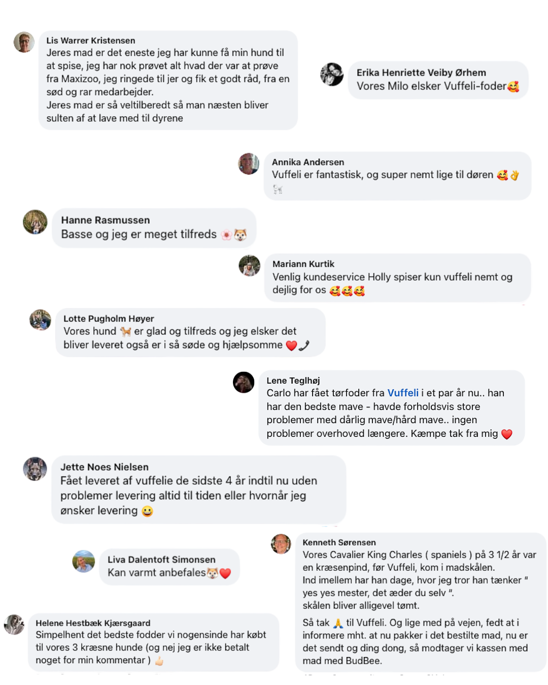 Image of multiple Facebook comments about dog food, with user profile pictures.