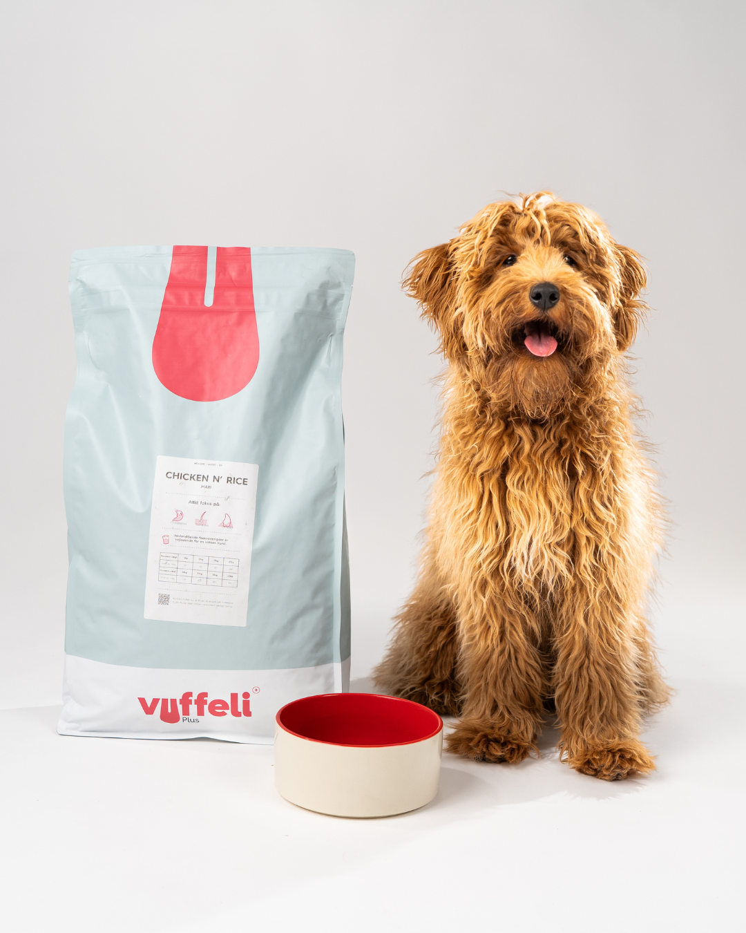 A fluffy golden doodle dog sits happily next to a large bag of Vuffeli dog food labeled “Chicken N’ Rice,” with a red and cream ceramic food bowl placed in front. The background is clean and white, emphasizing the bright packaging and the dog’s joyful expression.